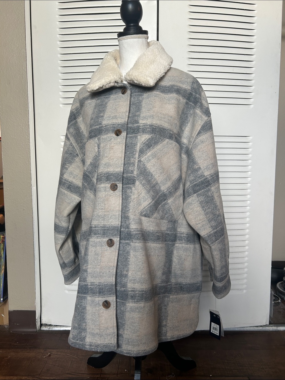 Lucky Brand Cream and Gray Plaid Teddy Collar Jacket